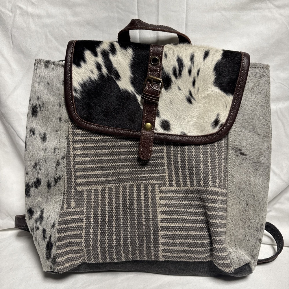 Myra Bag Leather Canvas Hair On Western-Southwest Cow Backpack NWT